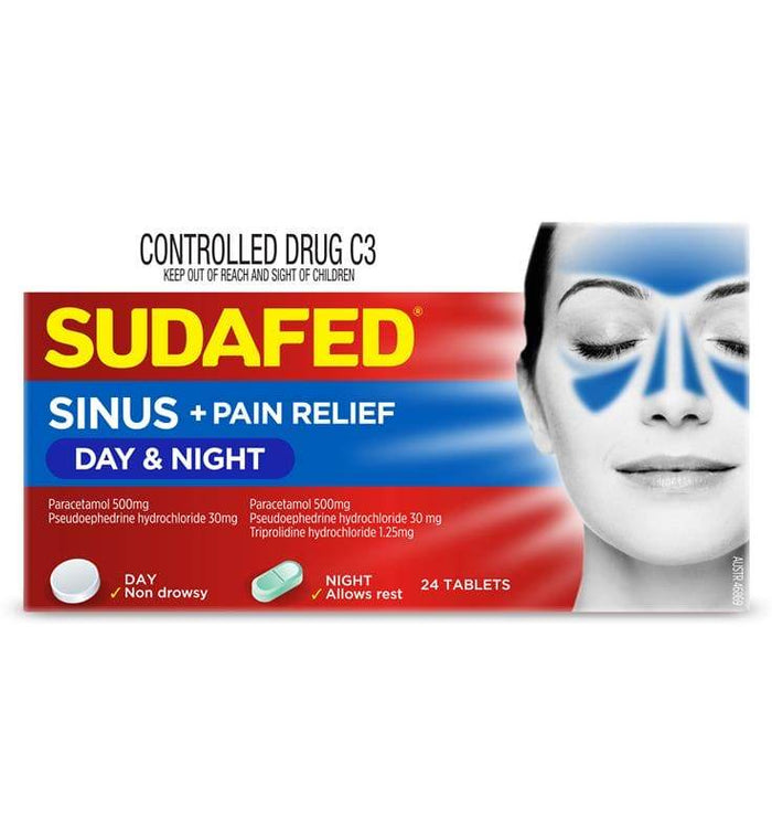 Sudafed Sinus Pain Relief Day &Night PSE 24 Tablets - Life Pharmacy Orewa