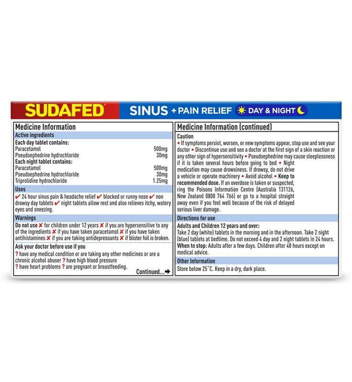 Sudafed Sinus Pain Relief Day &Night PSE 24 Tablets - Life Pharmacy Orewa