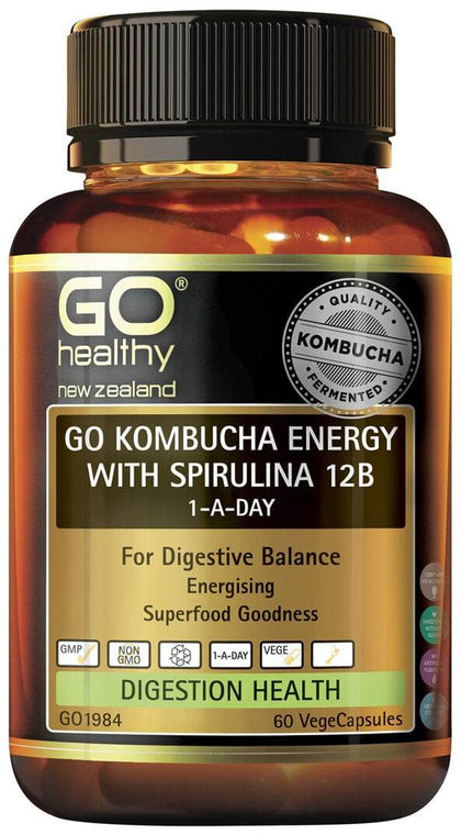 Go Healthy Kombucha Energy With Spirulina 12B 1-A-Day (60Vcaps) - Life Pharmacy Orewa