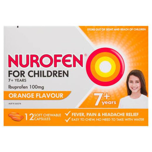 Nurofen For Children 7And Pain And Fever Relief Chewable Capsules 100Mg Ibuprofen Orange12 Pack - Life Pharmacy Orewa